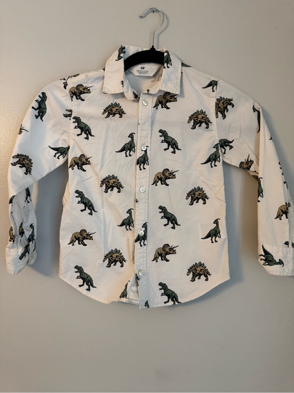 H&M White Button-Down Shirt with Green & Brown Dinosaur Print
